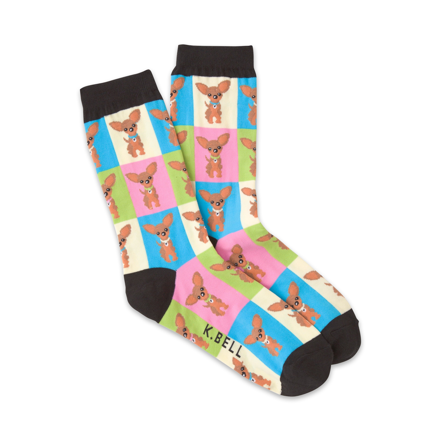 Pair of crew socks with a colorful checkered pattern. Each square features an illustration of a brown Chihuahua. Colors include pink, light green, light blue, and cream.