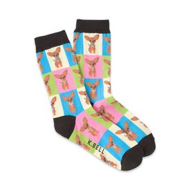 fun chihuahua crew socks with a pattern of brown and white chihuahuas on light blue, pink, yellow, and green squares.   