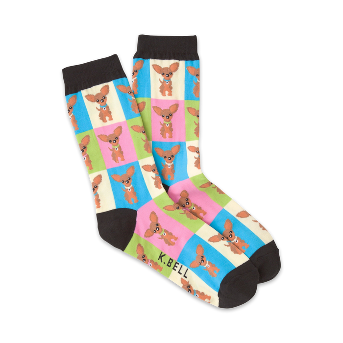 fun chihuahua crew socks with a pattern of brown and white chihuahuas on light blue, pink, yellow, and green squares.    }}
