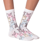 Flatlay showcasing a pair of white Smarty Cats socks.