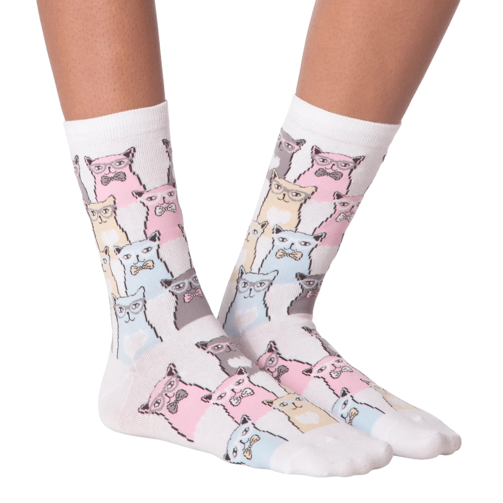 Flatlay showcasing a pair of white Smarty Cats socks.