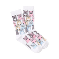 Crew socks in white and grey featuring a pattern of cats wearing glasses and bow ties in pink, blue, and beige.