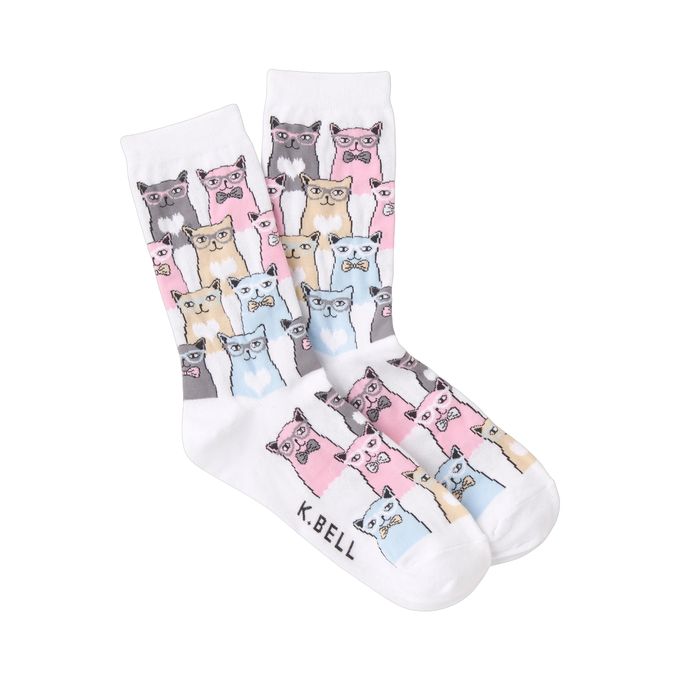 Crew socks in white and grey featuring a pattern of cats wearing glasses and bow ties in pink, blue, and beige.