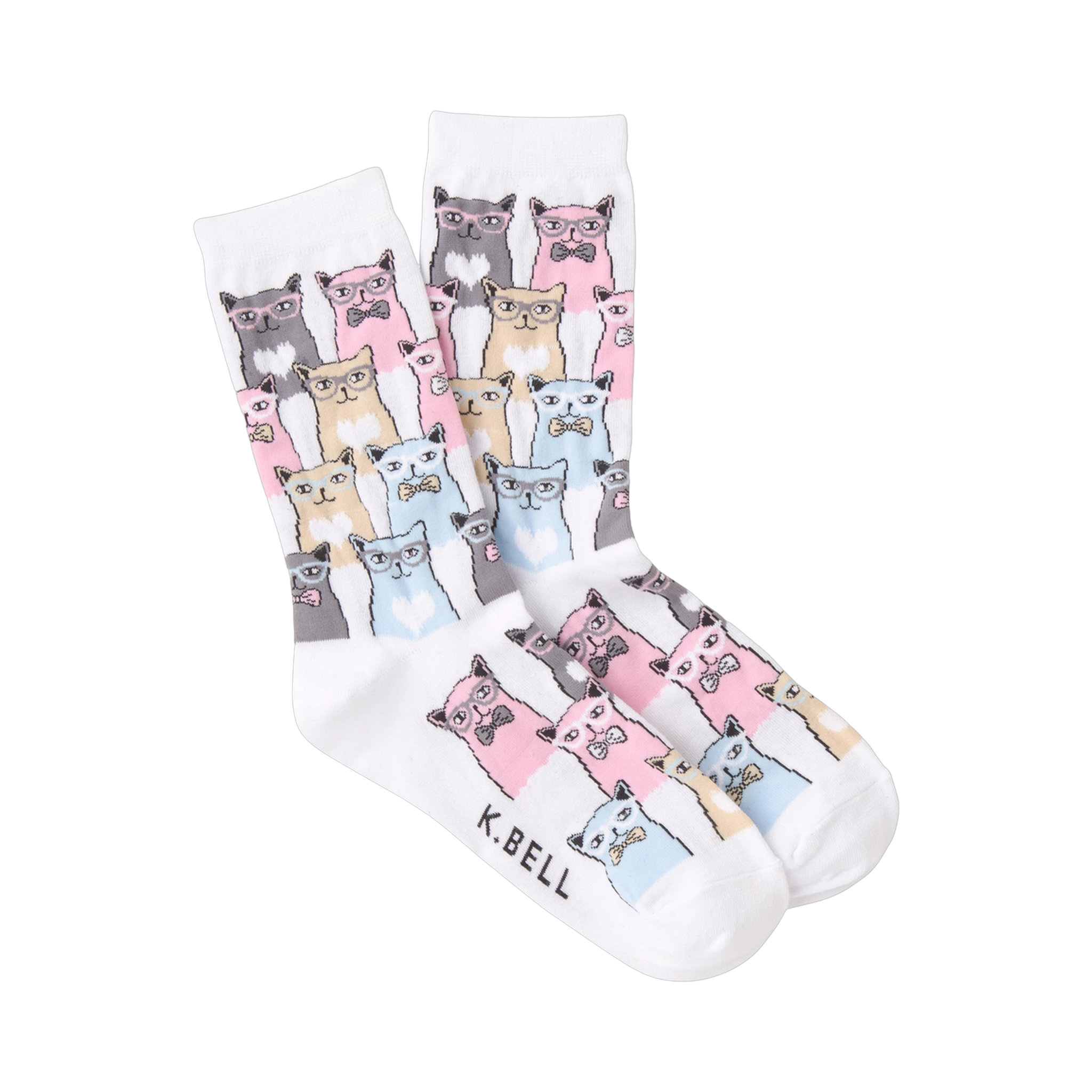 Crew socks in white and grey featuring a pattern of cats wearing glasses and bow ties in pink, blue, and beige.
