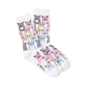 Crew socks in white and grey featuring a pattern of cats wearing glasses and bow ties in pink, blue, and beige.