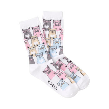 Crew socks in white and grey featuring a pattern of cats wearing glasses and bow ties in pink, blue, and beige.