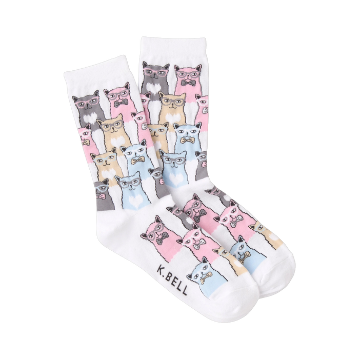 Crew socks in white and grey featuring a pattern of cats wearing glasses and bow ties in pink, blue, and beige.