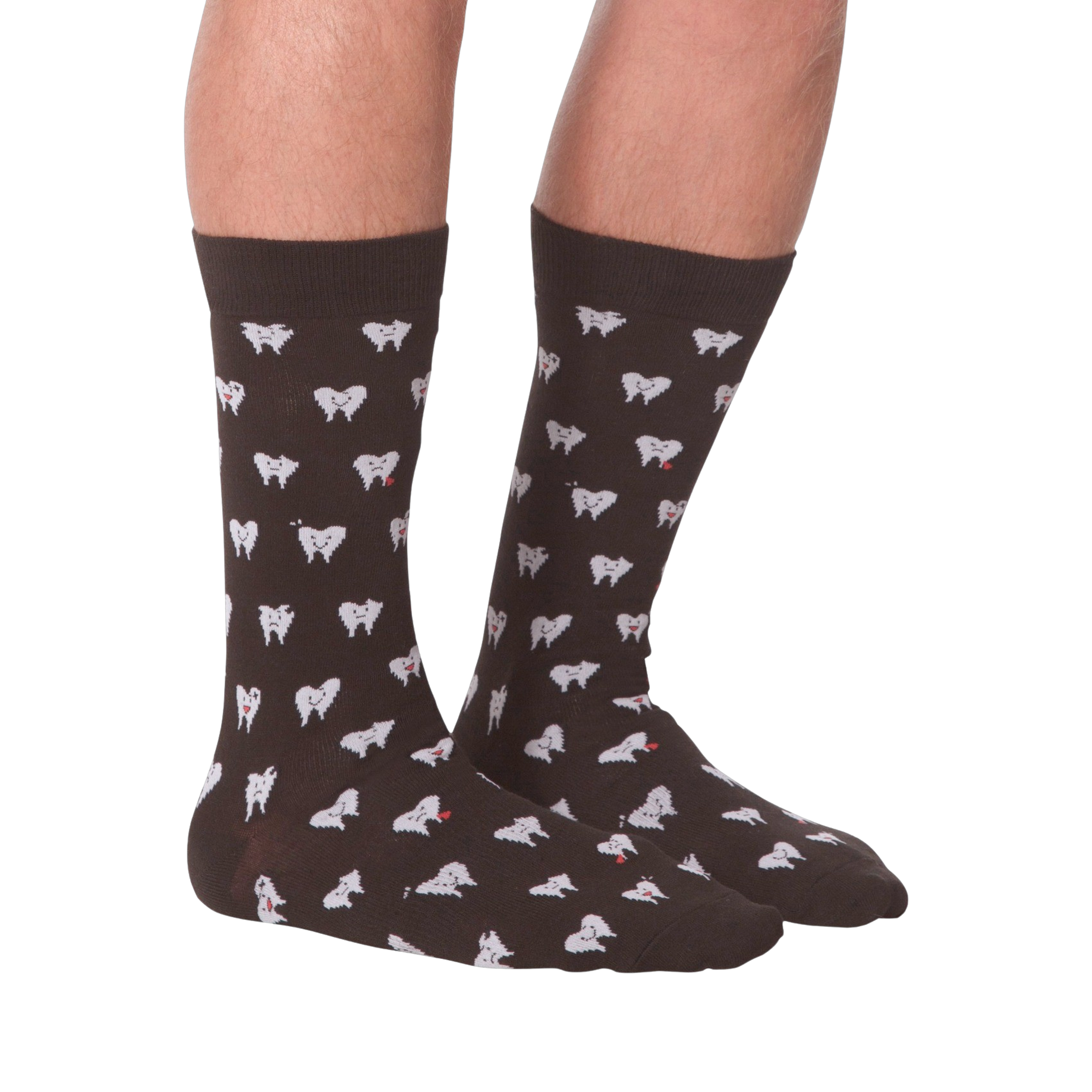 Another lifestyle shot showing the socks on a person's feet, this time from the front.  The socks are dark brown with a tooth pattern. The image is on a black background.