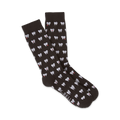 Pair of dark brown crew socks with a repeating pattern of white cartoon teeth with red details.  The socks are shown folded.