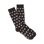 Pair of dark brown crew socks with a repeating pattern of white cartoon teeth with red details.  The socks are shown folded.