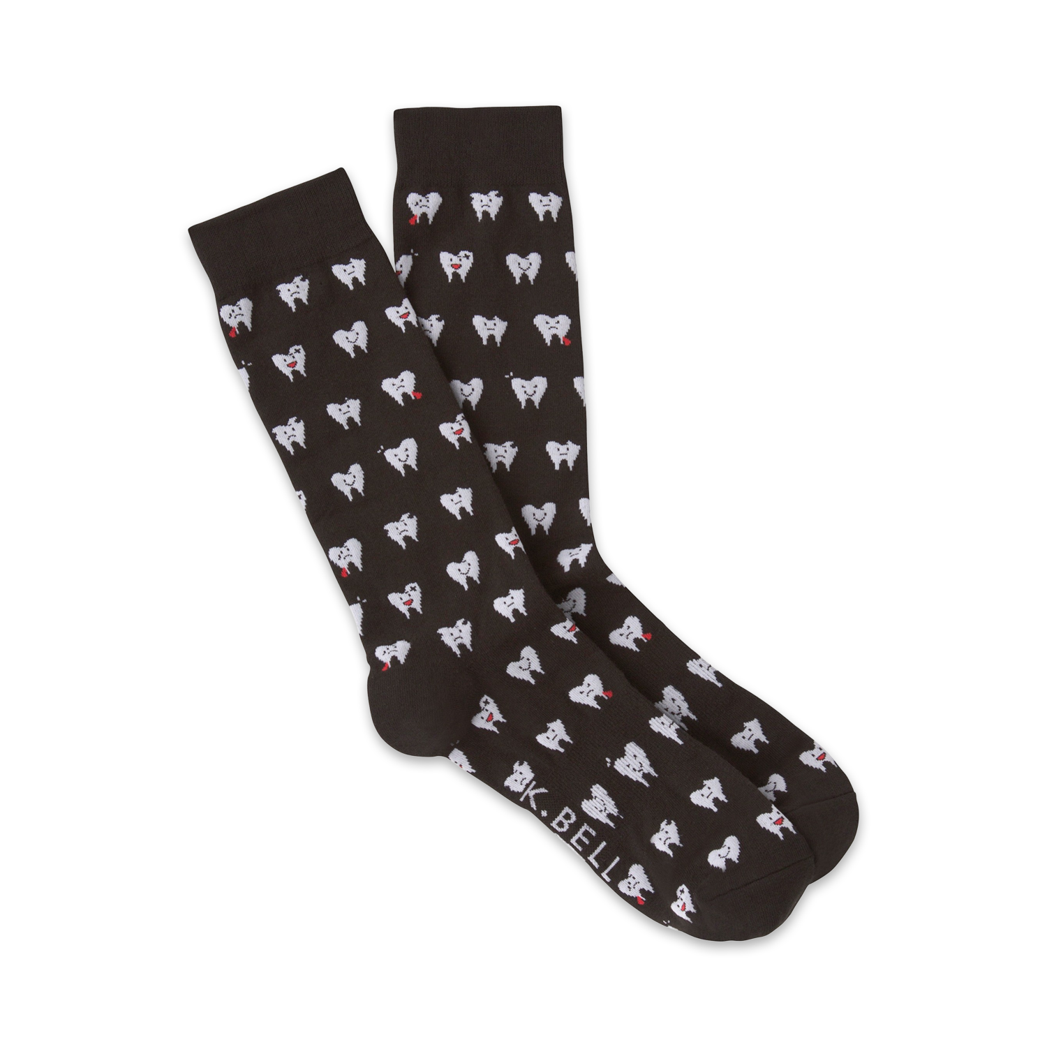 Pair of dark brown crew socks with a repeating pattern of white cartoon teeth with red details.  The socks are shown folded.