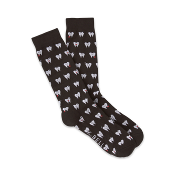 brown men's crew socks featuring a pattern of smiling, frowning, and silly white teeth with red gums.  