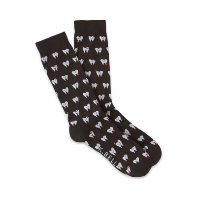 brown men's crew socks featuring a pattern of smiling, frowning, and silly white teeth with red gums.  