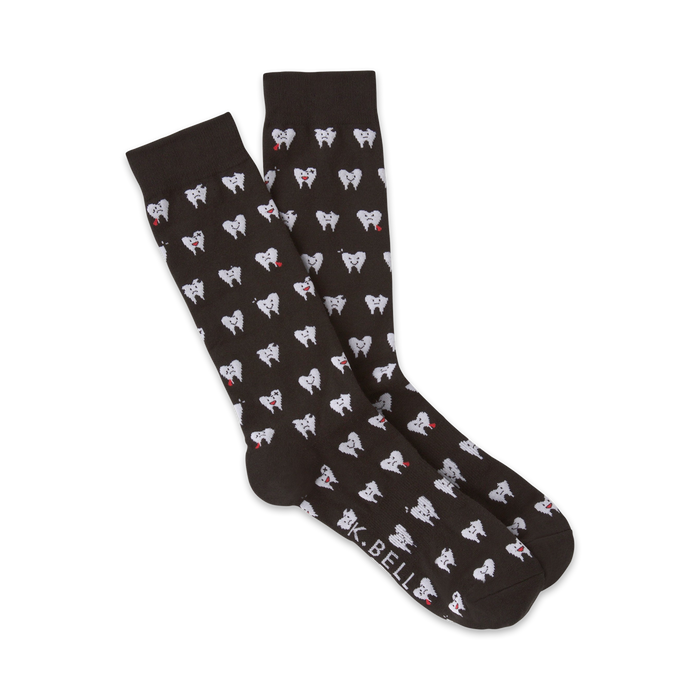 brown men's crew socks featuring a pattern of smiling, frowning, and silly white teeth with red gums.  