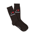 Pair of dark gray crew socks with the phrase 'I love bacon' and a red heart. K.Bell logo on the bottom.