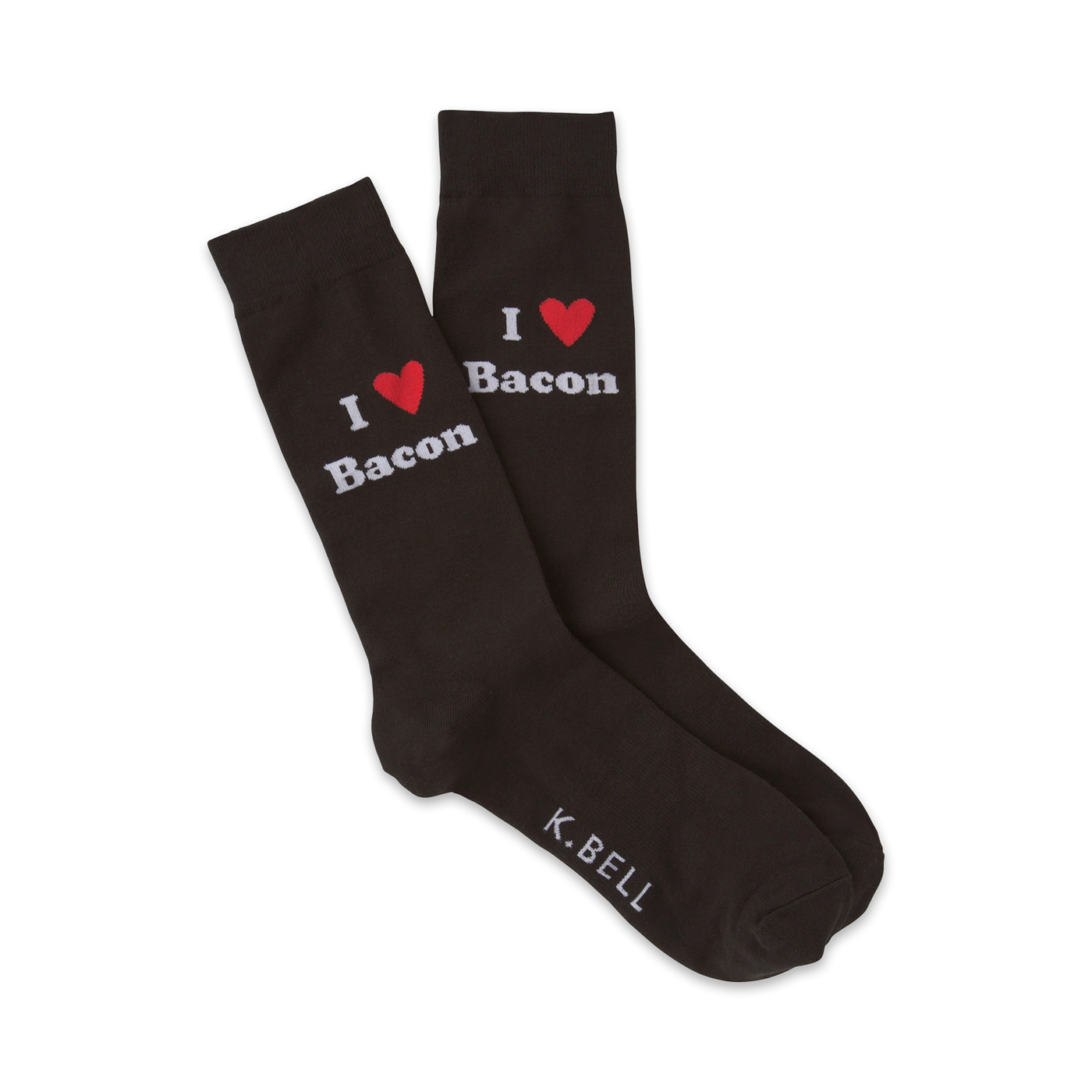 Pair of dark gray crew socks with the phrase 'I love bacon' and a red heart. K.Bell logo on the bottom.