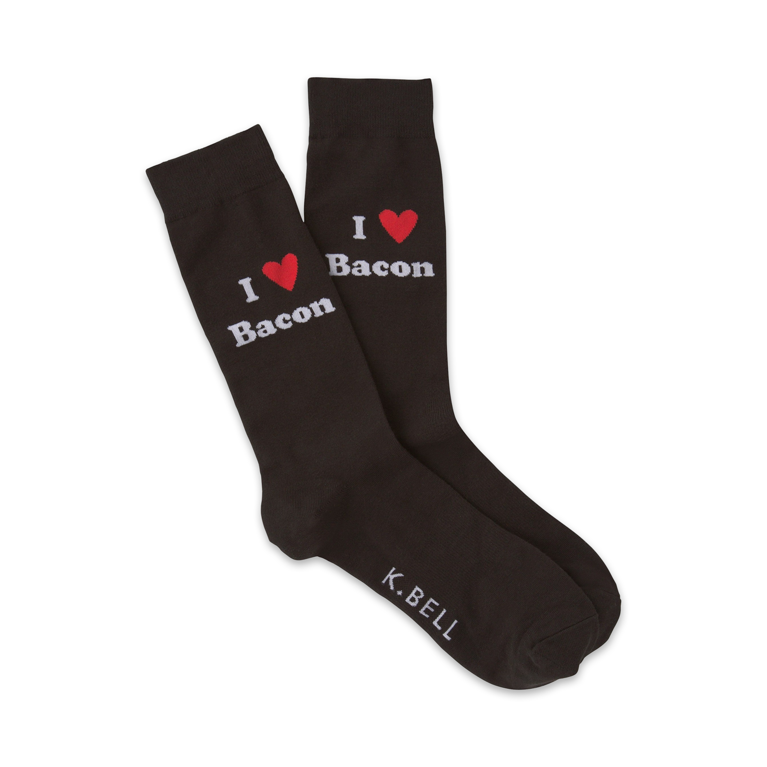 Pair of dark gray crew socks with the phrase 'I love bacon' and a red heart. K.Bell logo on the bottom.