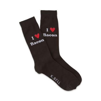 brown crew socks with "i heart bacon" in white and red heart graphic.   
