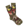 A pair of crew socks in army green camo.  They feature yellow rubber ducks and the phrase 'Shut the Duck Up' in red.