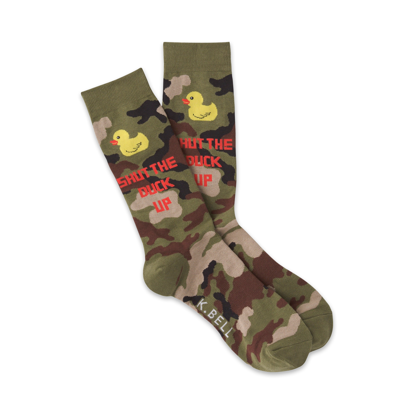 A pair of crew socks in army green camo.  They feature yellow rubber ducks and the phrase 'Shut the Duck Up' in red.