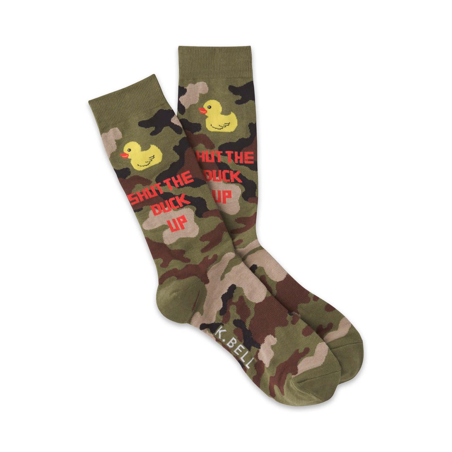 A pair of crew socks in army green camo.  They feature yellow rubber ducks and the phrase 'Shut the Duck Up' in red.