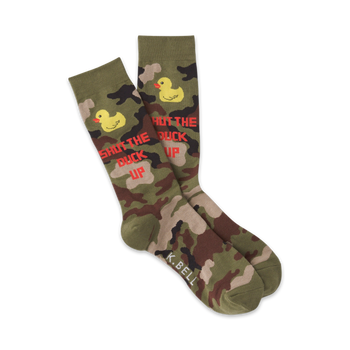 camouflage green socks with yellow rubber duckies and "shut the duck up" text.   