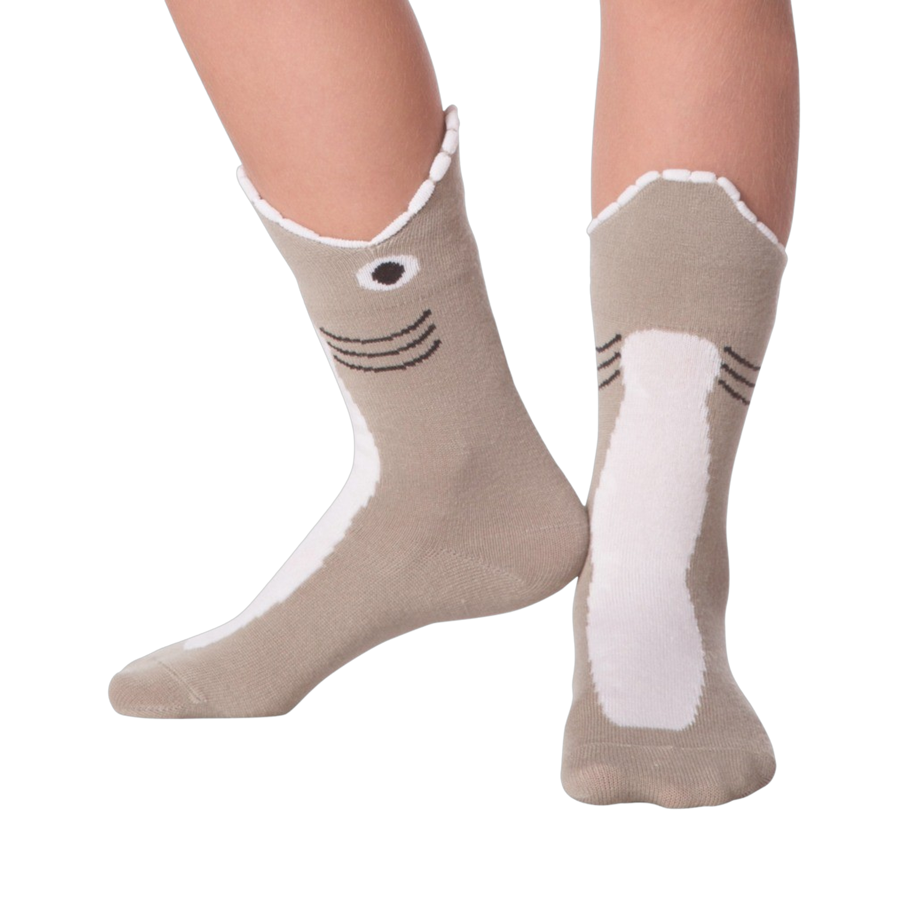 Lifestyle shot showing Shark Wide Mouth socks on a person's legs.