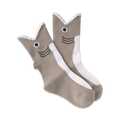 Pair of grey and white crew socks with a cute shark face design at the top. The shark's mouth is playfully oversized.