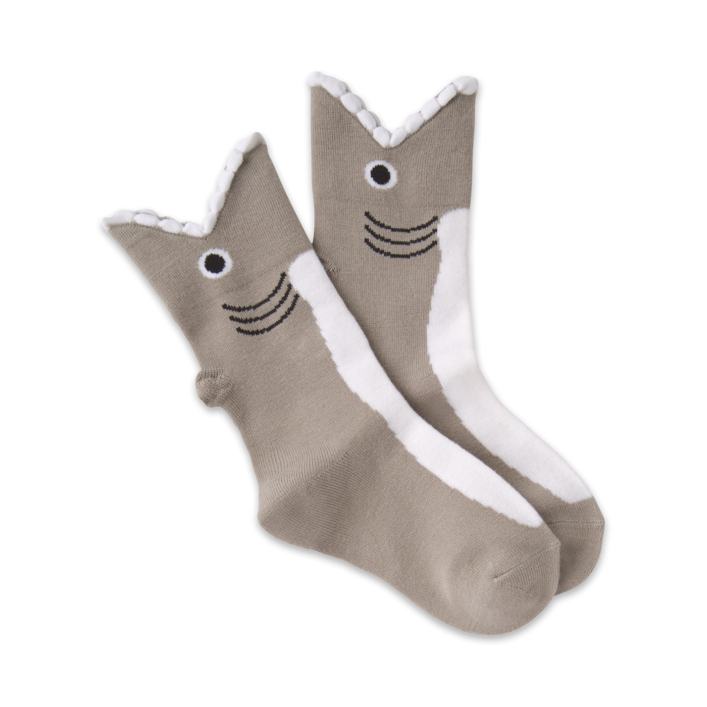 Pair of grey and white crew socks with a cute shark face design at the top. The shark's mouth is playfully oversized.