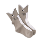 Pair of grey and white crew socks with a cute shark face design at the top. The shark's mouth is playfully oversized.