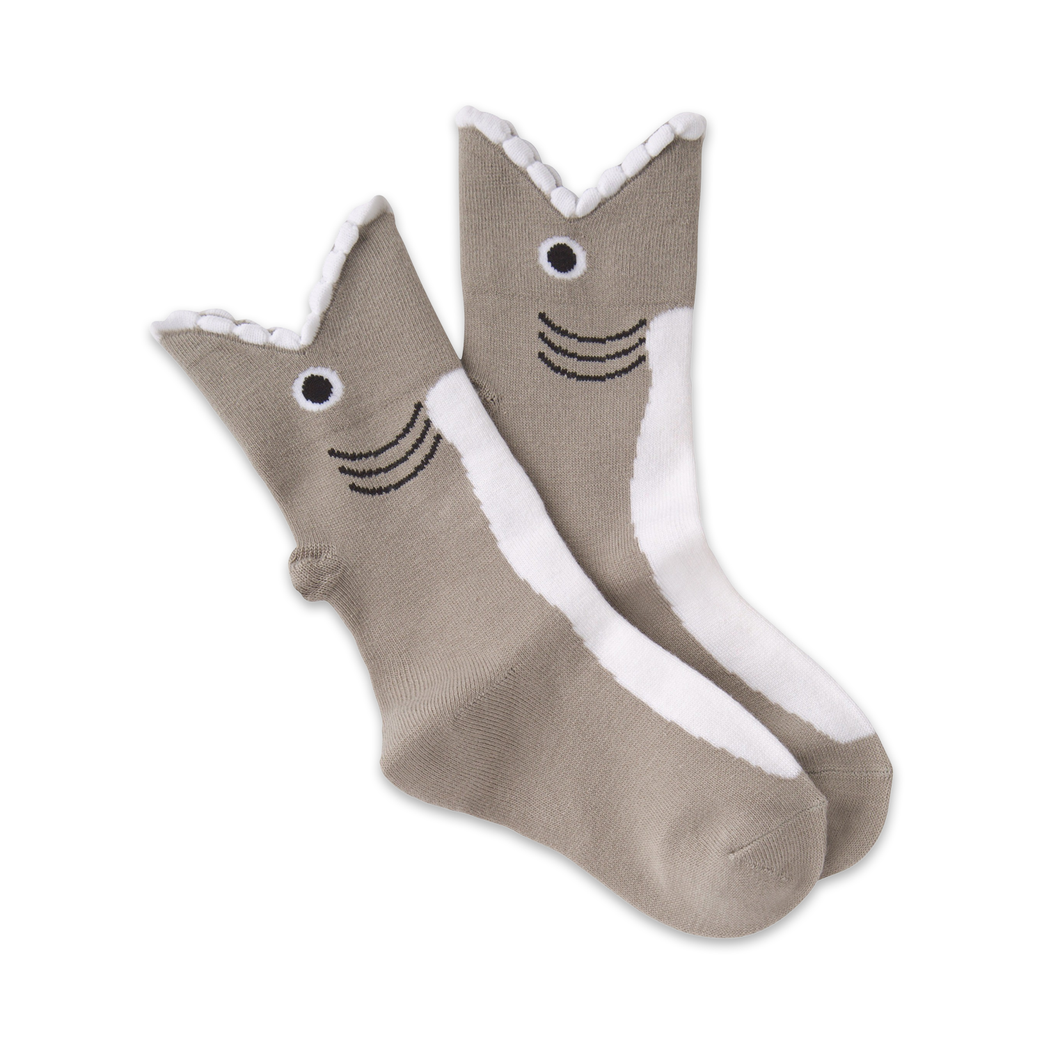 Pair of grey and white crew socks with a cute shark face design at the top. The shark's mouth is playfully oversized.