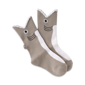 shark wide mouth crew socks: gray with white belly, wide-open mouth design, black eyes and stripes. fun and fierce shark-themed socks for kids.   