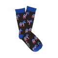 Pair of dark brown crew socks with blue cuffs, heels, and toes, covered in American flag patterned donkeys.