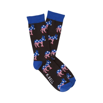 Pair of dark brown crew socks with blue cuffs, heels, and toes, covered in American flag patterned donkeys.