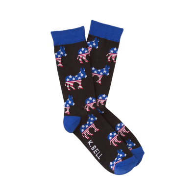 Pair of dark brown crew socks with blue cuffs, heels, and toes, covered in American flag patterned donkeys.