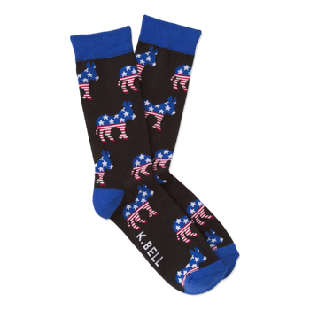 Pair of dark brown crew socks with blue cuffs, heels, and toes, covered in American flag patterned donkeys.