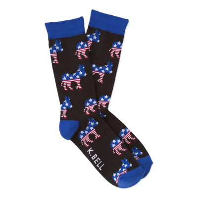 Pair of dark brown crew socks with blue cuffs, heels, and toes, covered in American flag patterned donkeys.