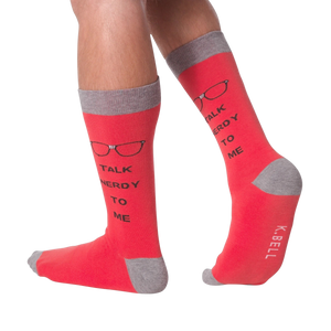 Back view of the 'Talk Nerdy To Me' socks on a model's legs.