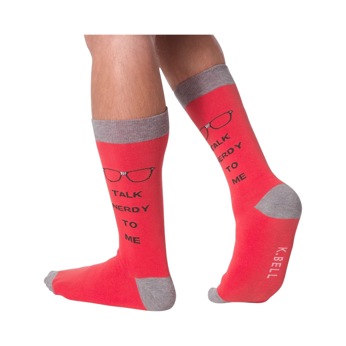 Back view of the 'Talk Nerdy To Me' socks on a model's legs.