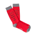 Pair of red crew socks with grey cuffs. Features a graphic of glasses and the text 'Talk Nerdy To Me'.