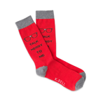 Pair of red crew socks with grey cuffs. Features a graphic of glasses and the text 'Talk Nerdy To Me'.