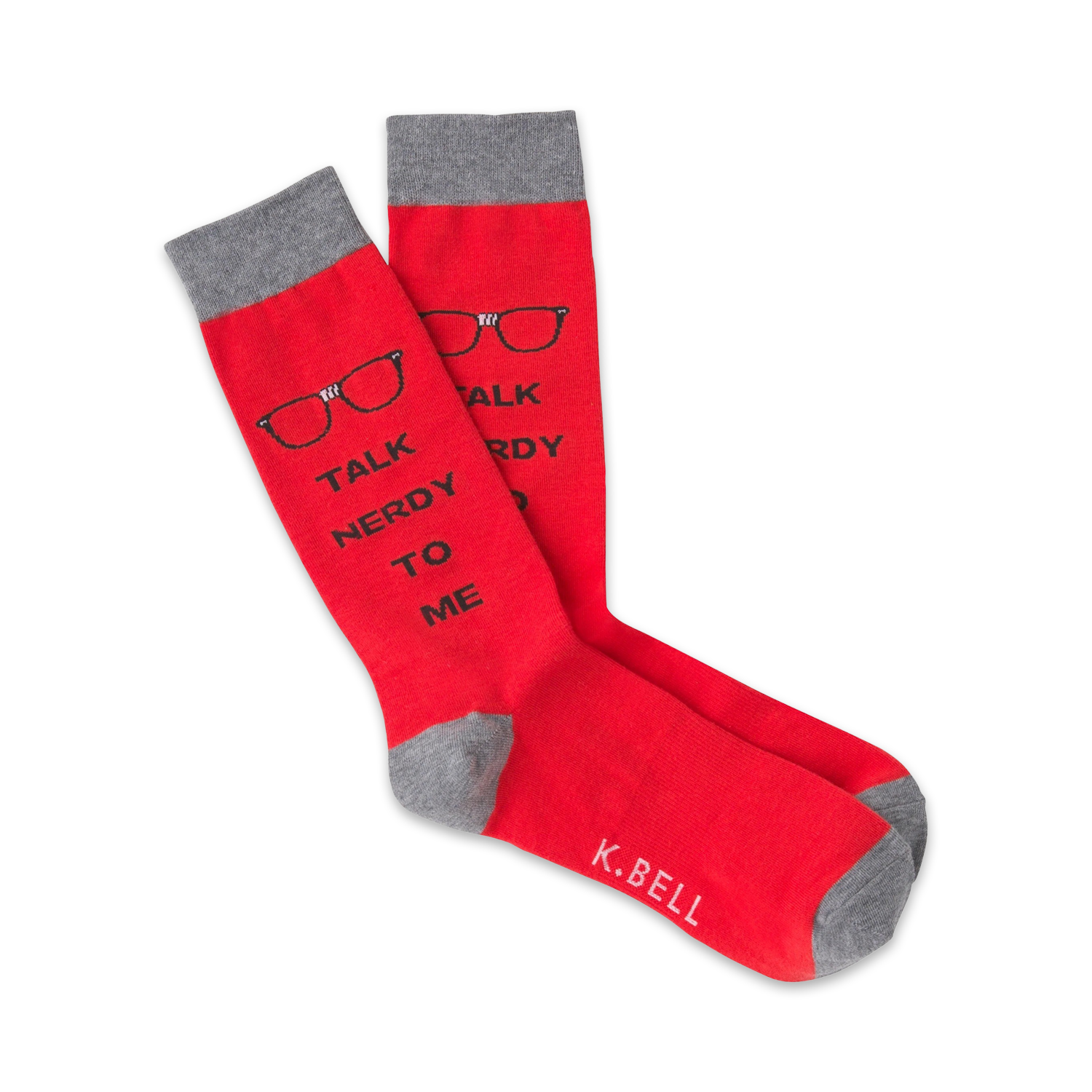 Pair of red crew socks with grey cuffs. Features a graphic of glasses and the text 'Talk Nerdy To Me'.