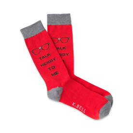 men's crew socks in red with grey toes, heels, and cuffs; words â€œtalk nerdy to meâ€ in black font  