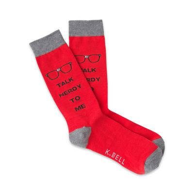 men's crew socks in red with grey toes, heels, and cuffs; words â€œtalk nerdy to meâ€ in black font  