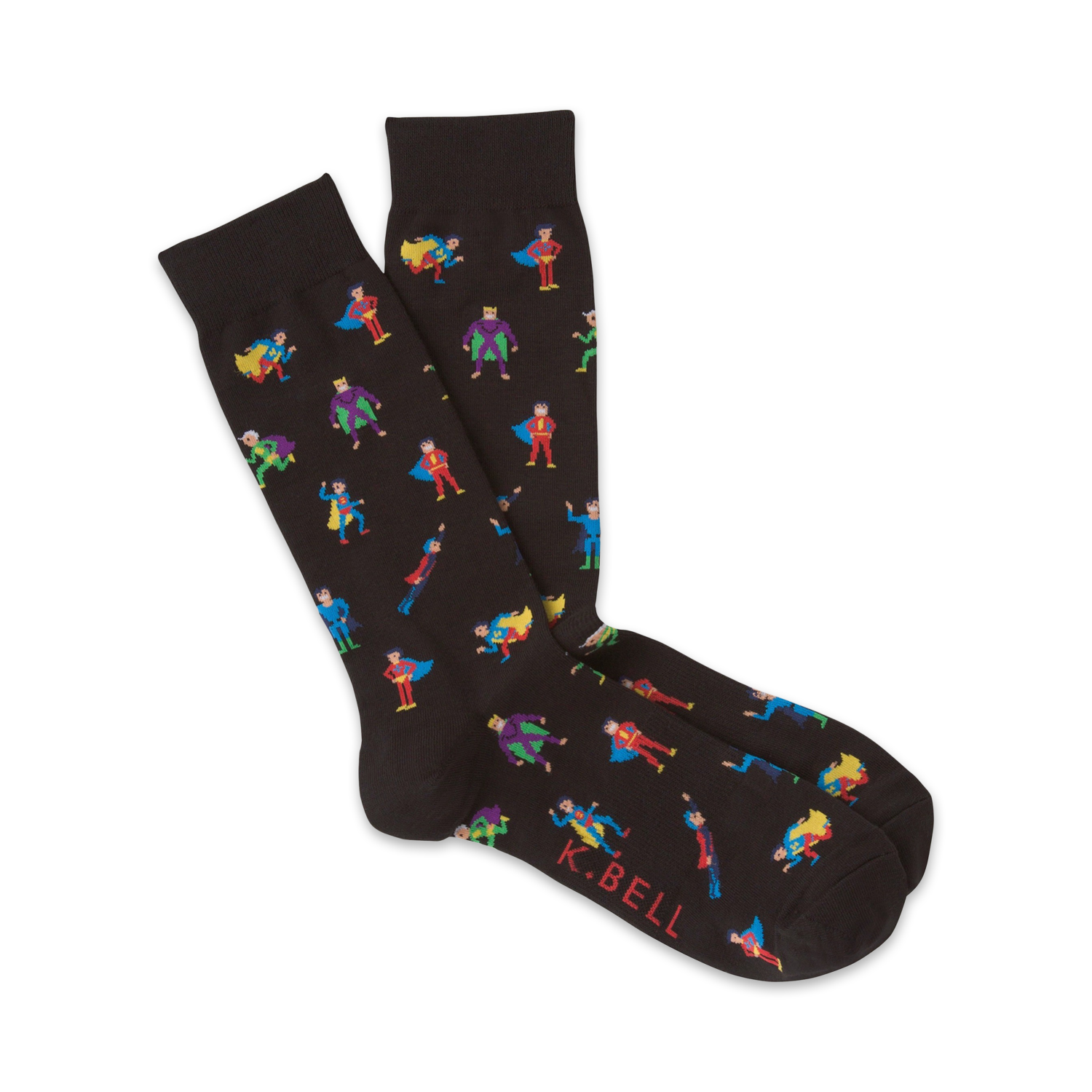 Pair of black crew socks with a colorful pixel art superhero design.  Superheroes in red, blue, yellow, and green are scattered across the socks.