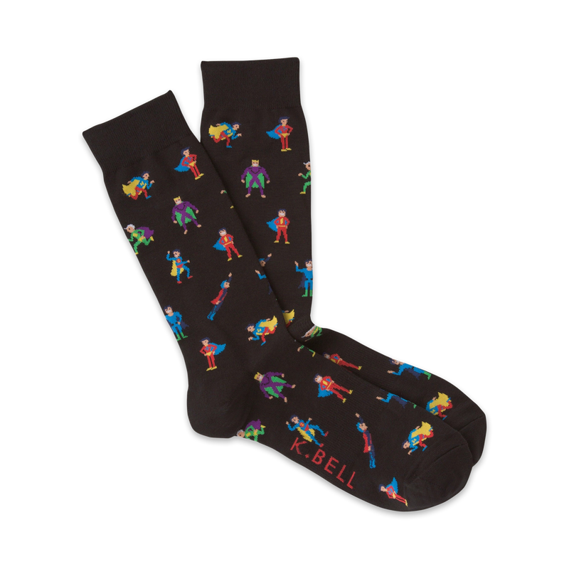 Pair of black crew socks with a colorful pixel art superhero design.  Superheroes in red, blue, yellow, and green are scattered across the socks.