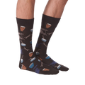 Another lifestyle shot of the 'Drums' socks, this time from the front, showing how the pattern looks when worn.