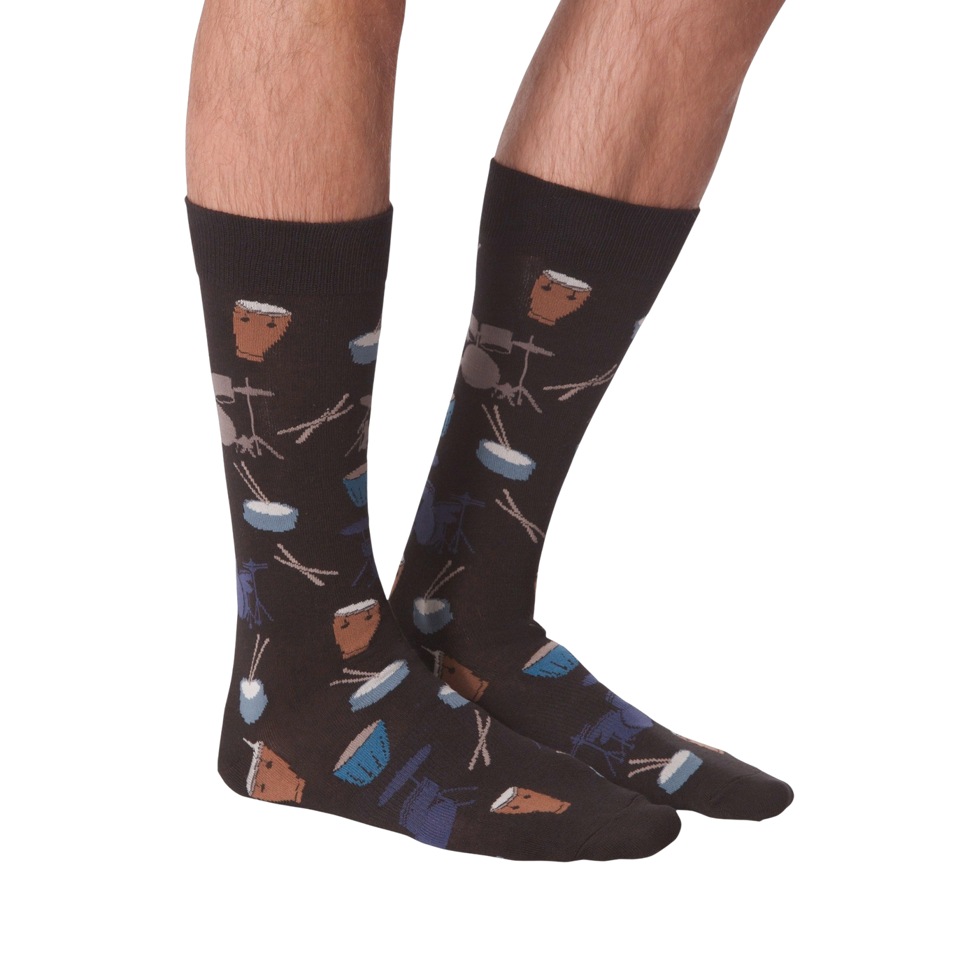 Another lifestyle shot of the 'Drums' socks, this time from the front, showing how the pattern looks when worn.