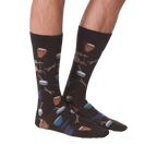 Another lifestyle shot of the 'Drums' socks, this time from the front, showing how the pattern looks when worn.