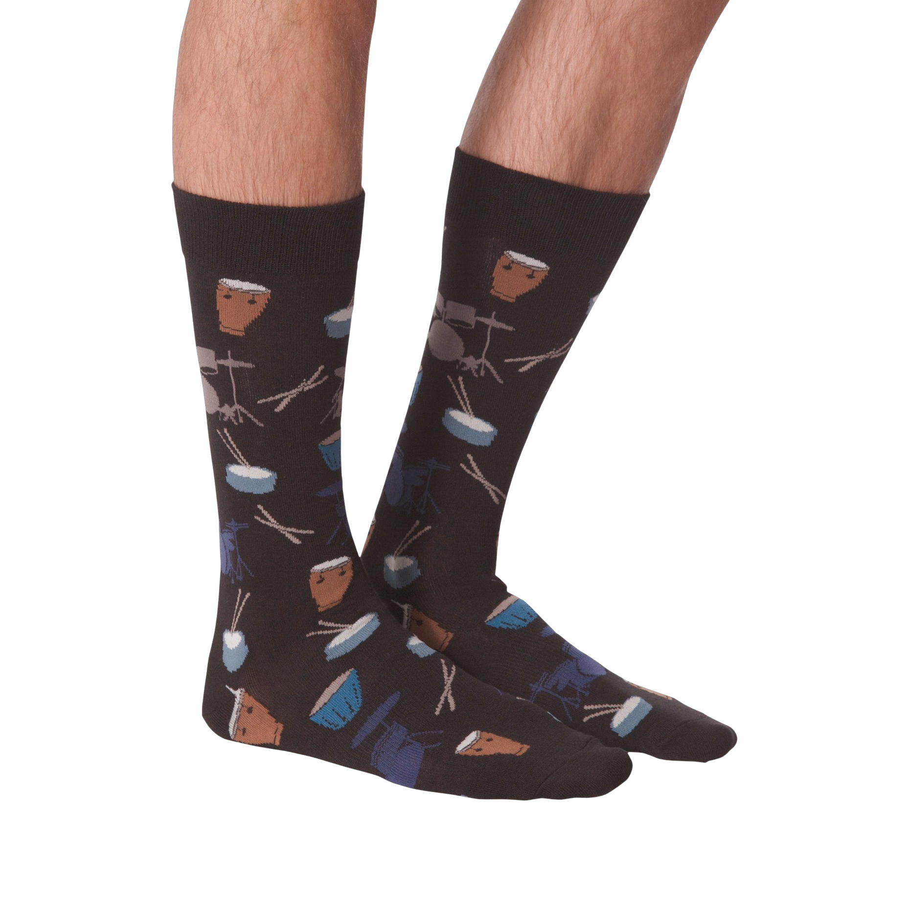 Another lifestyle shot of the 'Drums' socks, this time from the front, showing how the pattern looks when worn.